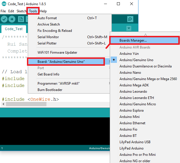 Установка дополнения ESP32 в Arduino IDE — открытие Boards Manager