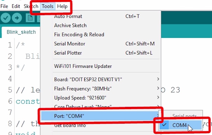 Arduino IDE — выбор порта ESP32 в меню Tools