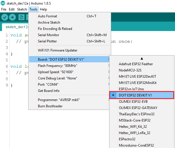 Arduino IDE — выбор платы ESP32 в меню Tools