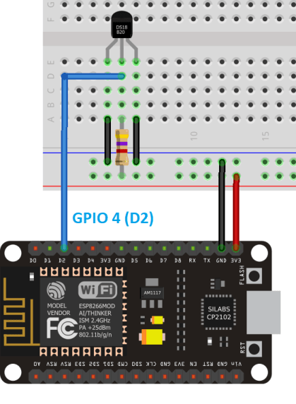 Схема подключения датчика температуры DS18B20 к ESP8266 в паразитном режиме