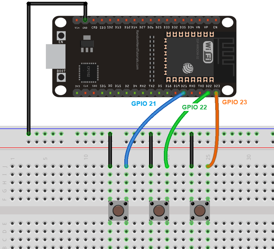 ESP32, подключённая к трём кнопкам — схема