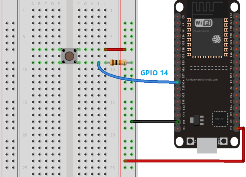 Схема подключения ESP32 с кнопкой для внешнего пробуждения ext0