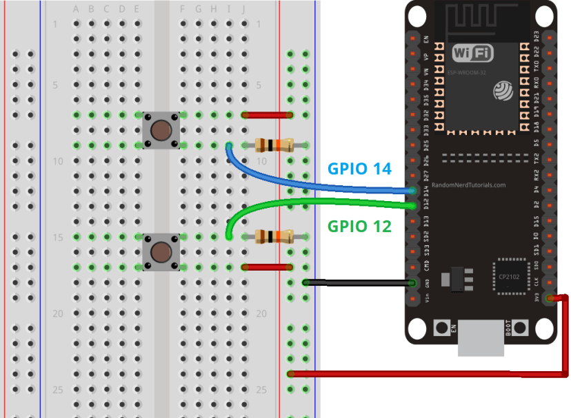 Схема подключения ESP32 ext1 с двумя кнопками для внешнего пробуждения