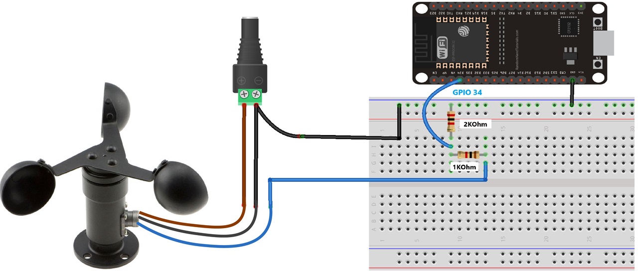 ESP32 с датчиком ветра — схема подключения анемометра