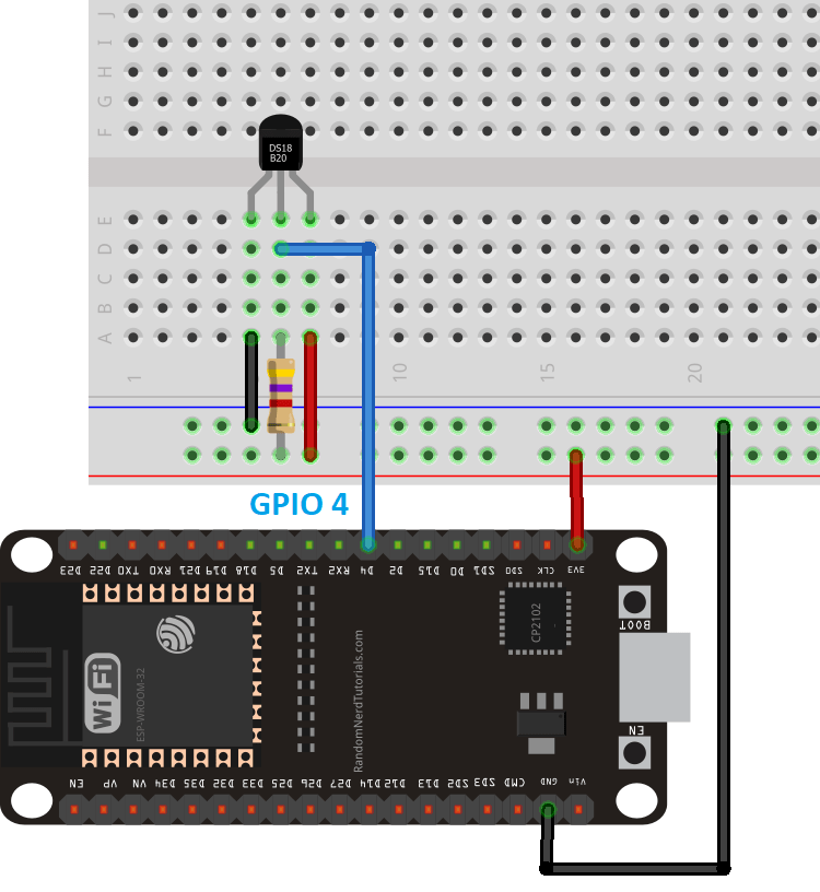 Схема подключения датчика DS18B20 к ESP32