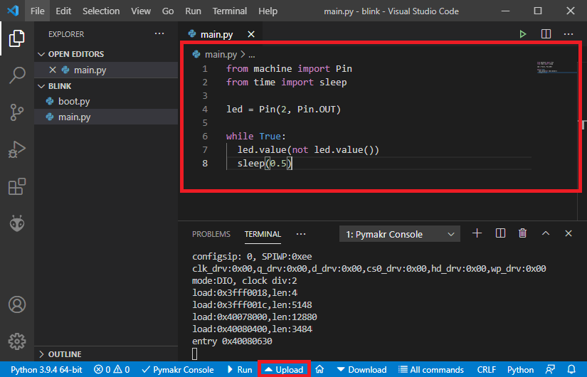 Код мигания светодиода в Pymakr VS Code