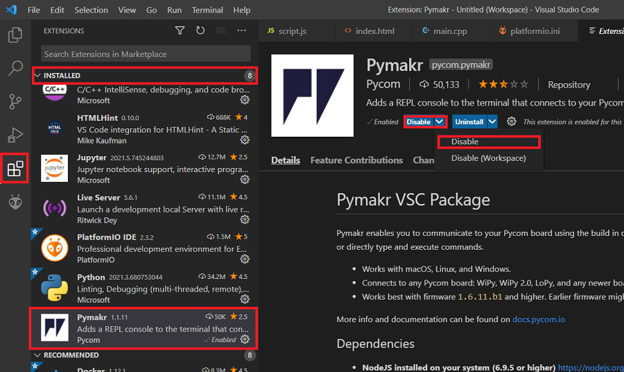 Отключение расширения Pymakr в VS Code