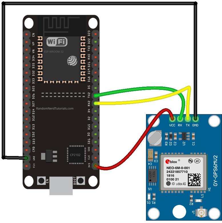Схема подключения NEO-6M GPS к ESP32