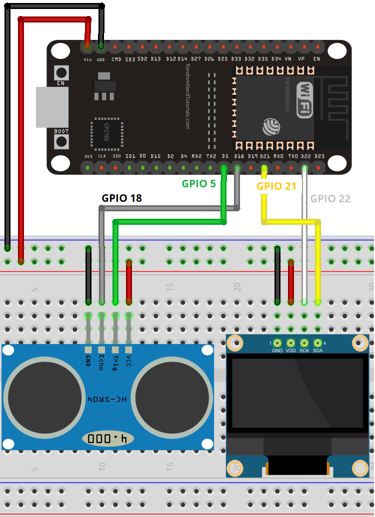 Схема подключения ESP32 с HC-SR04 и OLED-дисплеем