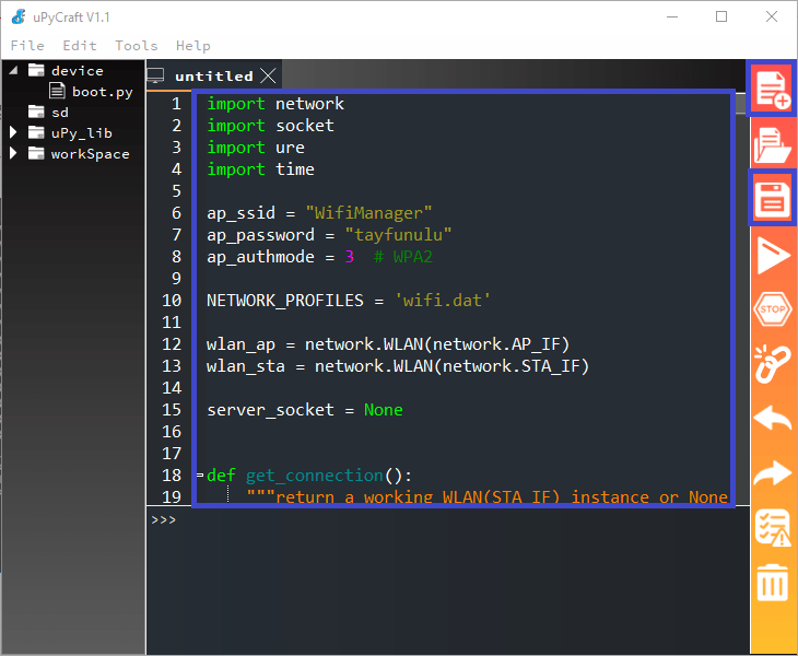 Загрузка библиотеки wifimgr с помощью uPyCraft IDE MicroPython