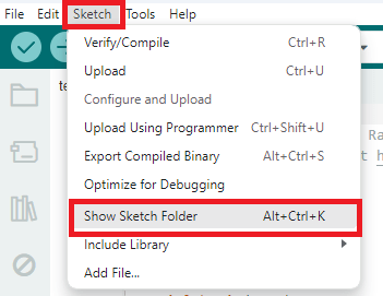 Arduino IDE — открыть папку скетча для создания папки data