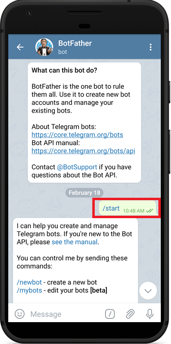 Telegram Start BotFather для создания нового бота