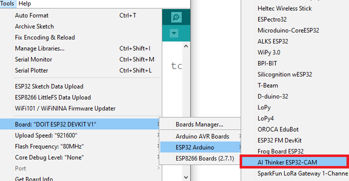 Выбор AI-Thinker ESP32-CAM в меню Tools Arduino IDE
