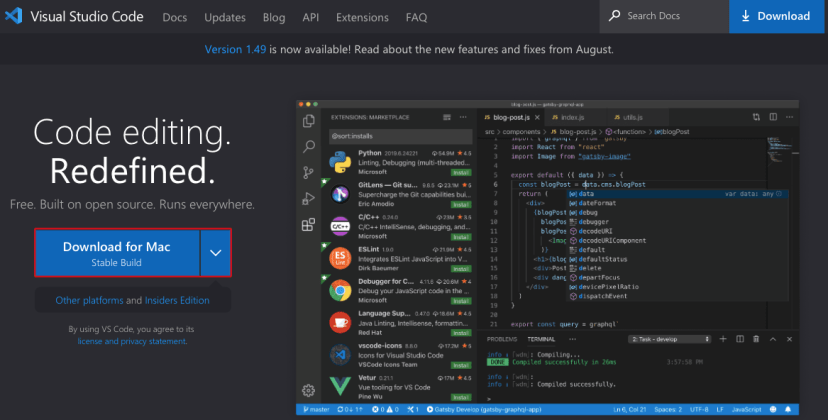 Страница загрузки Microsoft Visual Studio Code VS Code для Mac OS X