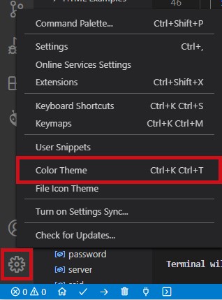 Выбор различных цветовых тем VS Code