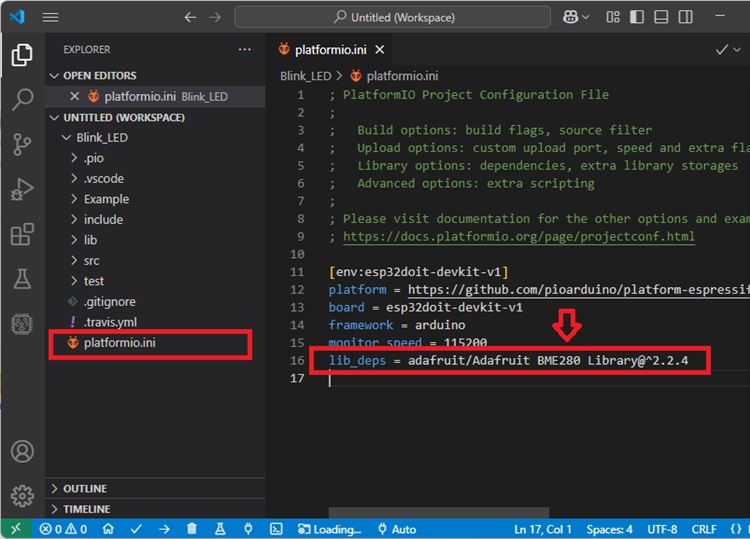 Библиотека добавлена в файл platformio.ini в VS Code pioarduino
