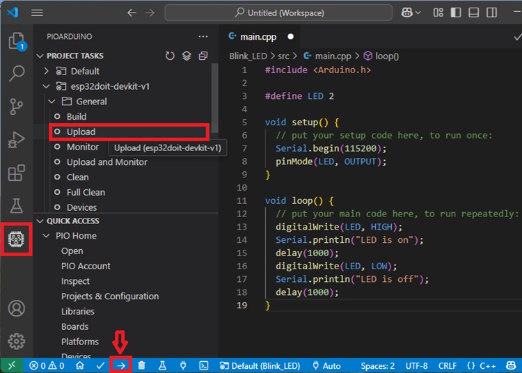 Загрузка кода в ESP32 pioarduino VS Code