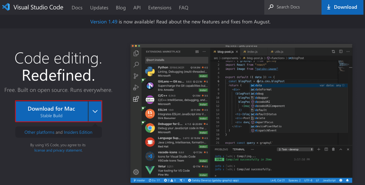 Страница загрузки Microsoft Visual Studio Code VS Code для Mac OS X