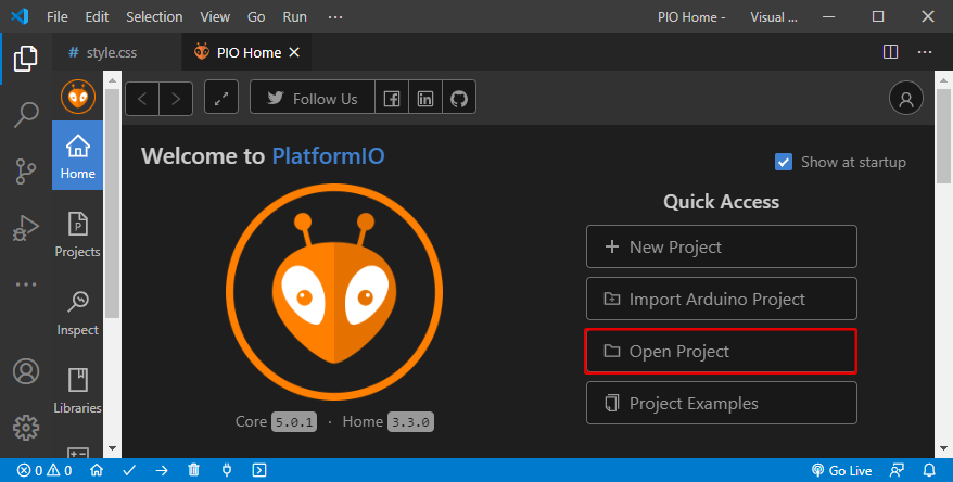 VS Code с PlatformIO открытие папки проекта