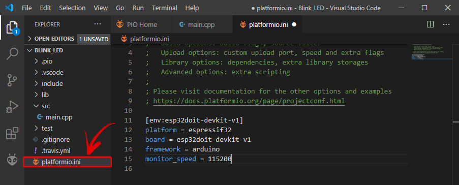 Конфигурационный файл расширения PlatformIO IDE для ESP32