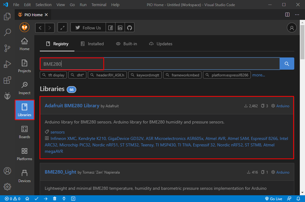 Поиск библиотеки BME280 в расширении PlatformIO IDE VS Code Visual Studio