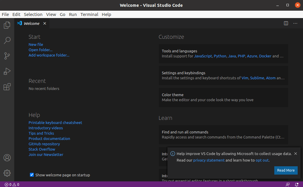 Экран приветствия Microsoft Visual Studio Code VS Code на Linux Ubuntu
