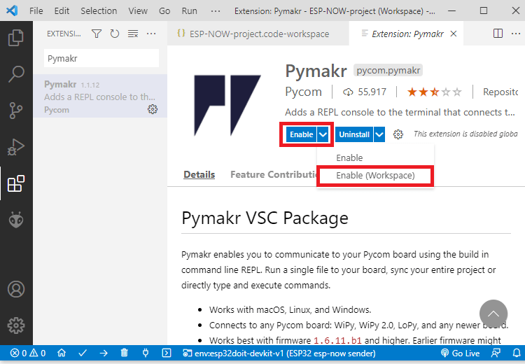 VS Code включение расширения для рабочей области