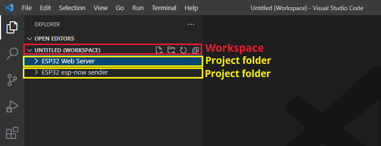 Многокорневая рабочая область untitled VS Code ESP32 ESP8266