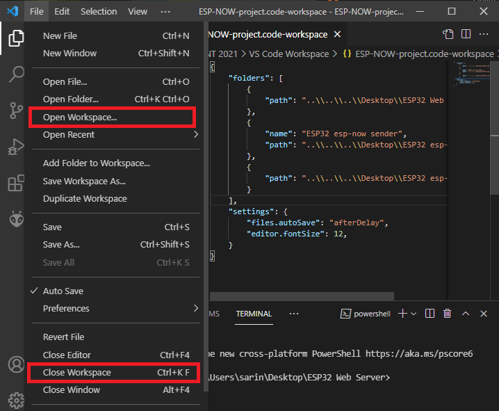 VS Code открытие и закрытие рабочей области