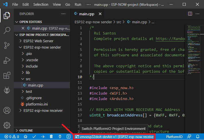 VS Code выбор проекта для загрузки в многокорневой рабочей области ESP32 ESP8266