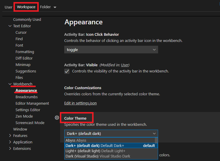 VS Code рабочая область изменение настроек внешнего вида