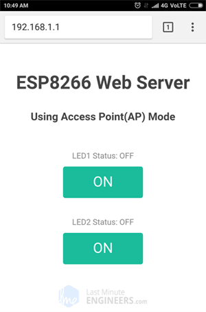 Веб-страница веб-сервера ESP8266 NodeMCU в режиме точки доступа