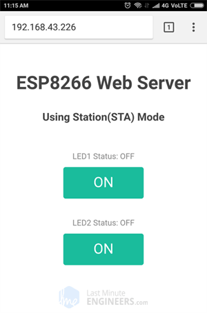 Веб-страница веб-сервера ESP8266 NodeMCU в режиме станции