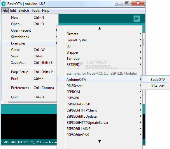 Открытие скетча BasicOTA в Arduino IDE