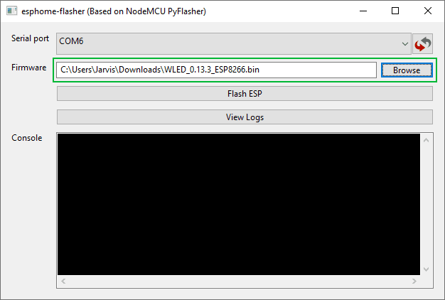 Выбран бинарный файл WLED в инструменте ESPHome-Flasher