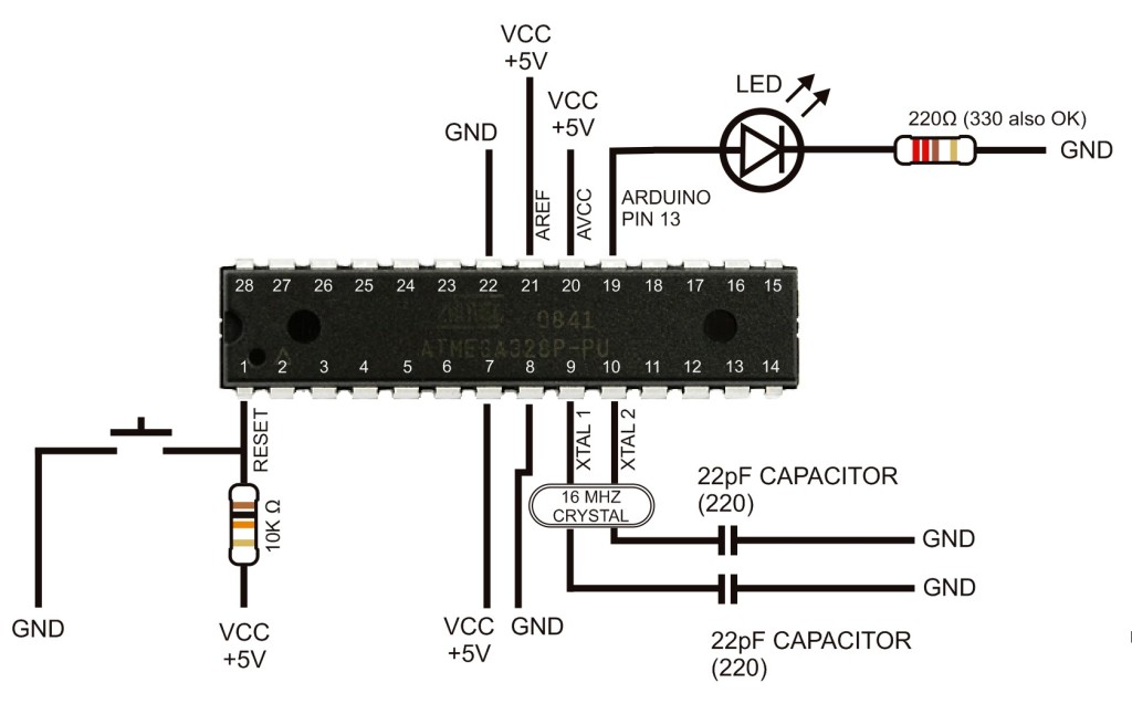 Схема подключения Arduino на макетной плате