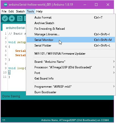 Открытие Serial Monitor в Arduino IDE