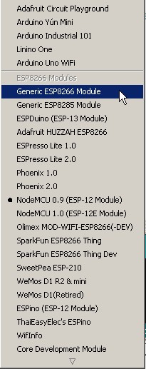 Выпадающее меню выбора плат ESP8266