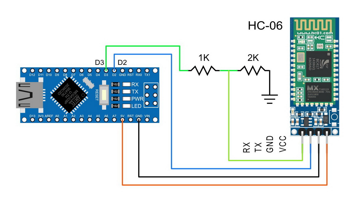 Схема подключения HC-06 к Arduino с делителем напряжения