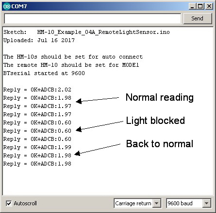 Показания монитора последовательного порта с удалённого датчика освещённости