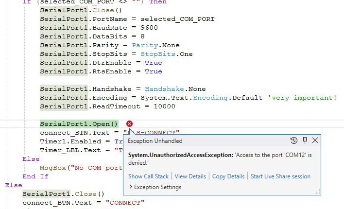 Попытка открыть занятый COM-порт без обработки ошибок