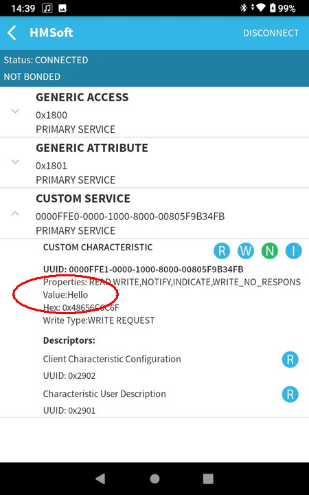 Hello получено в BLE Scanner