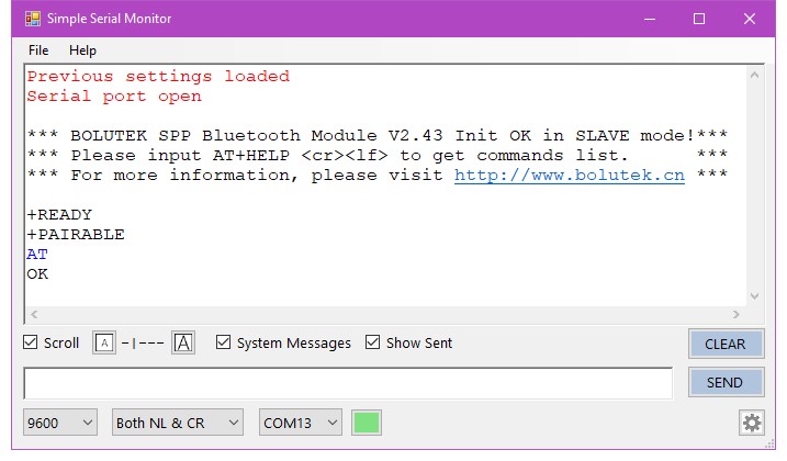Simple Serial Monitor подключён к Bluetooth-модулю Bolutek BC04