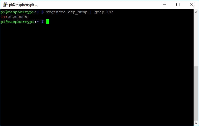 Проверка OTP-бита командой vcgencmd otp_dump