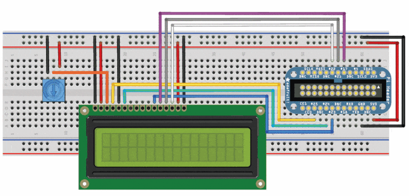 Схема подключения LCD к Raspberry Pi на макетной плате