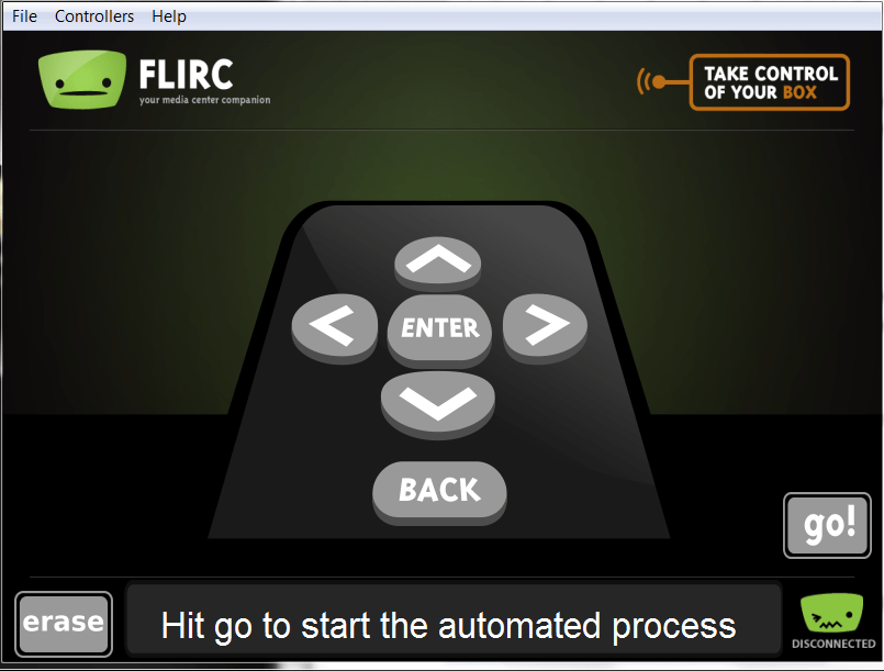 Экран ввода FLIRC — статус Disconnected
