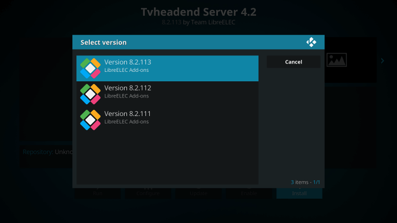 Выбор версии сервера Tvheadend