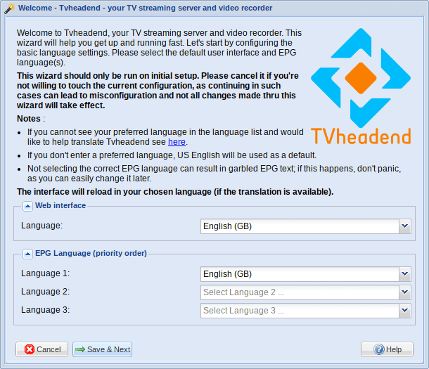Выбор языка мастера Tvheadend