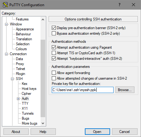 PuTTy — указание приватного ключа