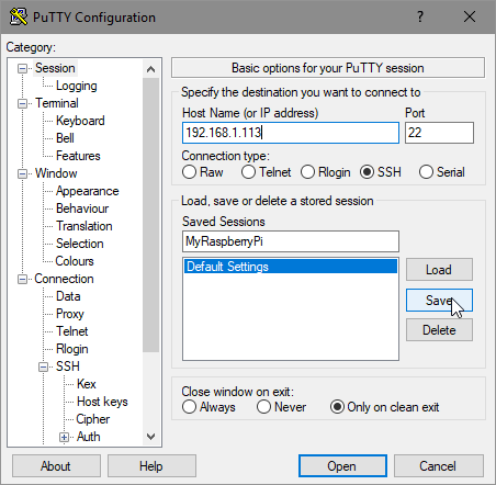 PuTTy — сохранение конфигурации